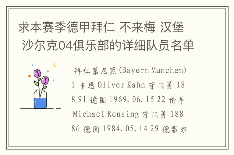 求本赛季德甲拜仁 不来梅 汉堡 沙尔克04俱乐部的详细队员名单?