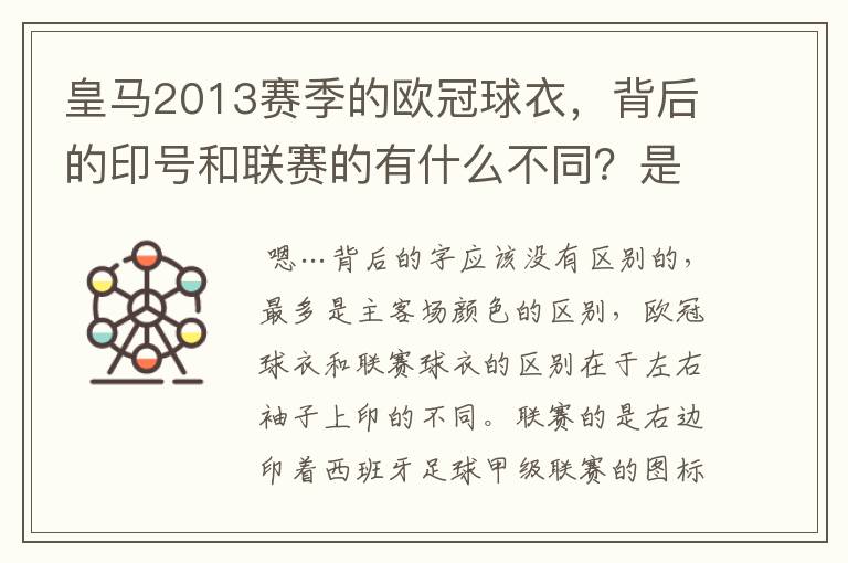 皇马2013赛季的欧冠球衣，背后的印号和联赛的有什么不同？是不是没了那些斜杠？