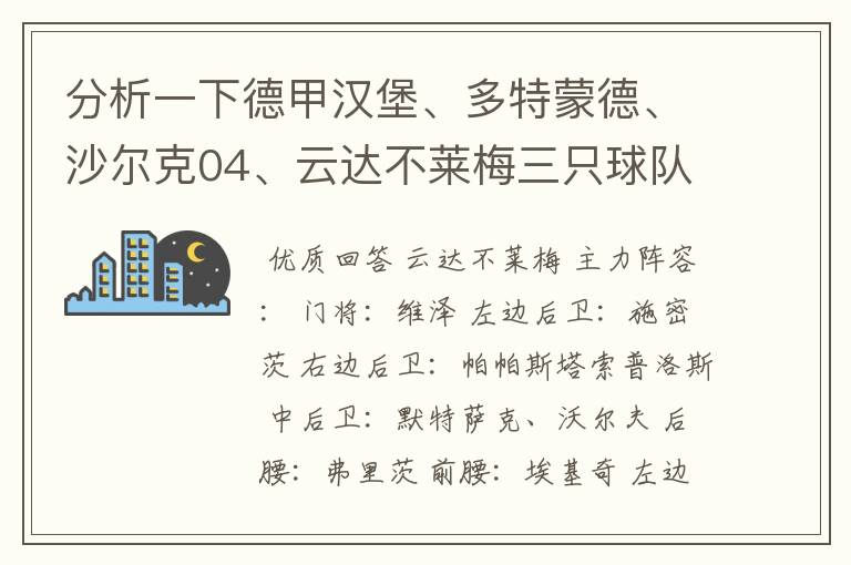 分析一下德甲汉堡、多特蒙德、沙尔克04、云达不莱梅三只球队的人员打法和阵型