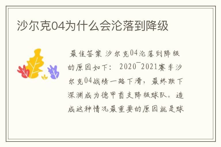 沙尔克04为什么会沦落到降级