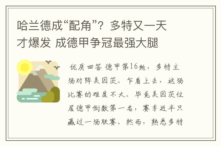 哈兰德成“配角”？多特又一天才爆发 成德甲争冠最强大腿