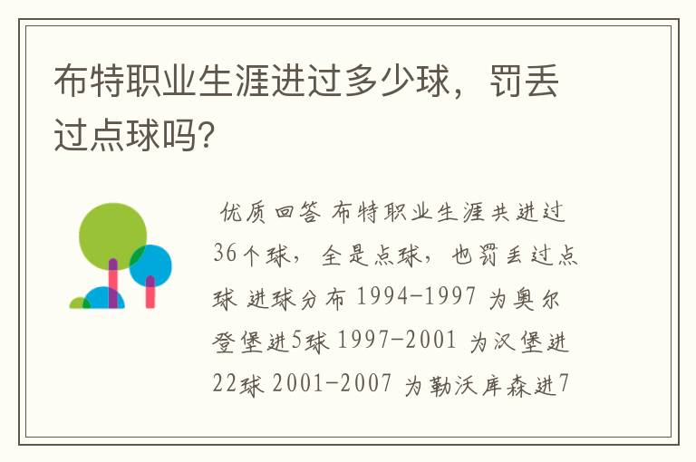 布特职业生涯进过多少球，罚丢过点球吗？