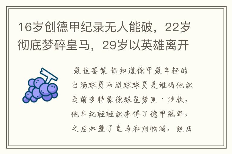 16岁创德甲纪录无人能破，22岁彻底梦碎皇马，29岁以英雄离开多特