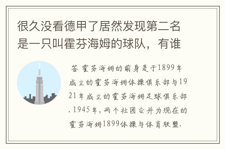 很久没看德甲了居然发现第二名是一只叫霍芬海姆的球队，有谁知道吗