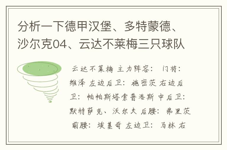 分析一下德甲汉堡、多特蒙德、沙尔克04、云达不莱梅三只球队的人员打法和阵型