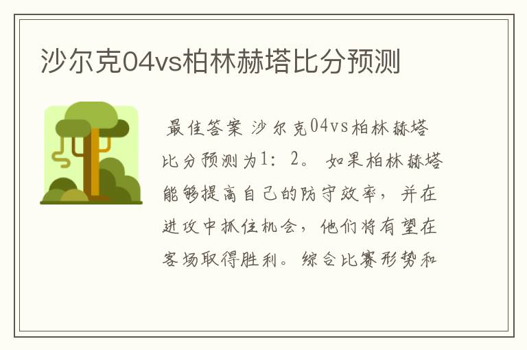 沙尔克04vs柏林赫塔比分预测