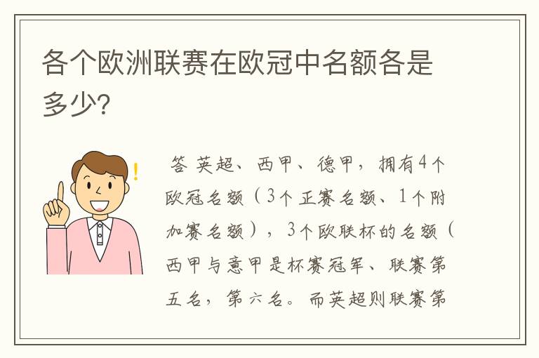 各个欧洲联赛在欧冠中名额各是多少？