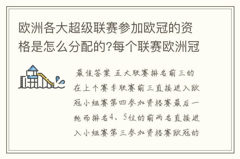 欧洲各大超级联赛参加欧冠的资格是怎么分配的?每个联赛欧洲冠军杯参赛队