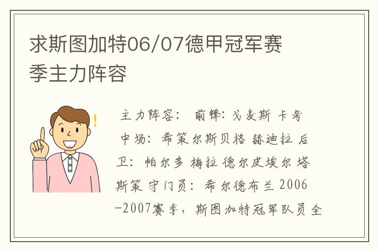 求斯图加特06/07德甲冠军赛季主力阵容