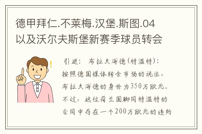 德甲拜仁.不莱梅.汉堡.斯图.04以及沃尔夫斯堡新赛季球员转会一览