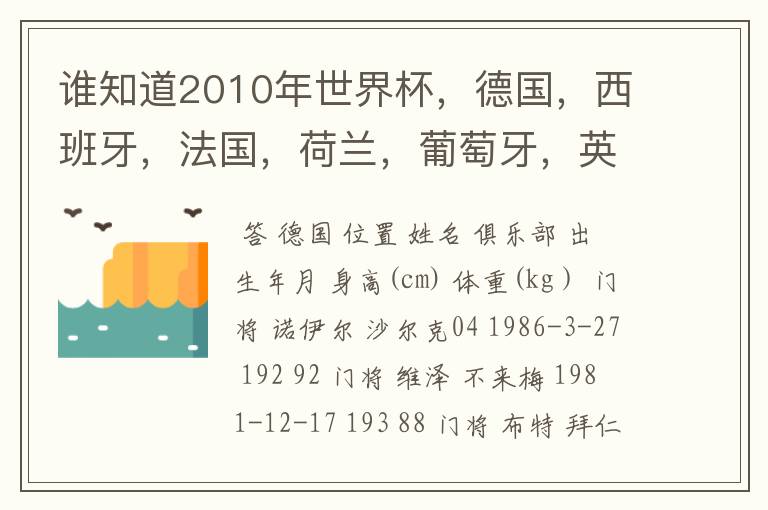 谁知道2010年世界杯，德国，西班牙，法国，荷兰，葡萄牙，英格兰，巴西，阿根廷的球队人员名