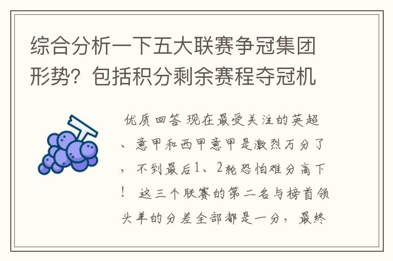 综合分析一下五大联赛争冠集团形势？包括积分剩余赛程夺冠机会啥的