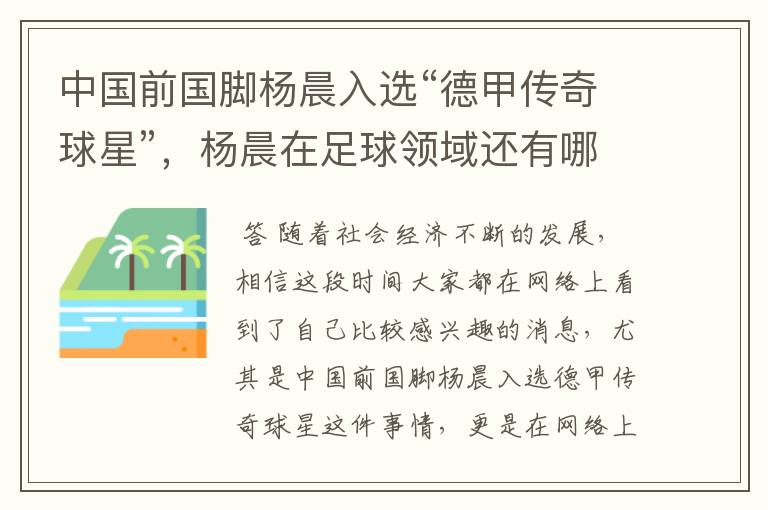 中国前国脚杨晨入选“德甲传奇球星”，杨晨在足球领域还有哪些成就？