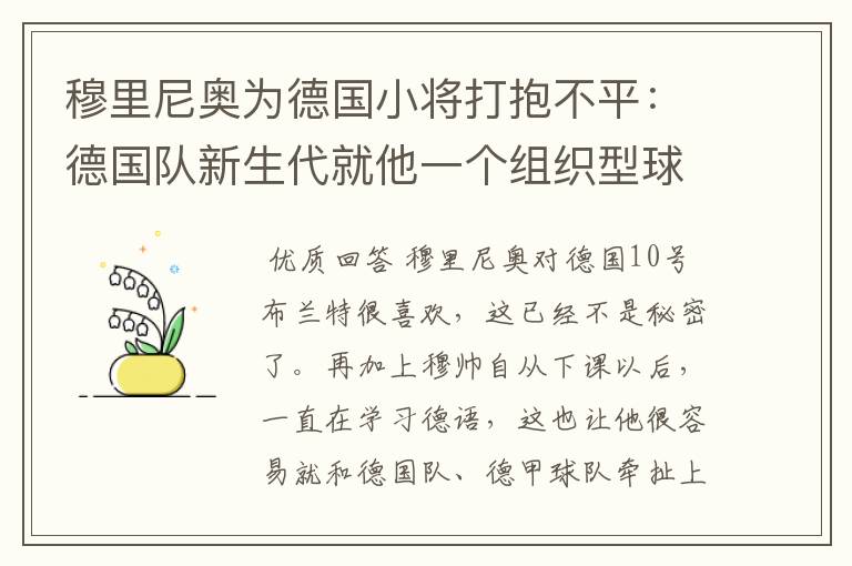 穆里尼奥为德国小将打抱不平：德国队新生代就他一个组织型球员了