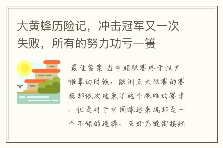 大黄蜂历险记，冲击冠军又一次失败，所有的努力功亏一篑