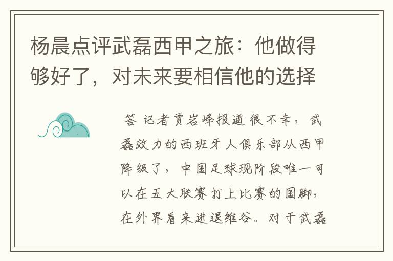 杨晨点评武磊西甲之旅：他做得够好了，对未来要相信他的选择