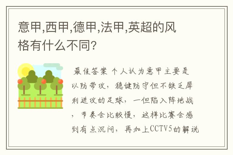 意甲,西甲,德甲,法甲,英超的风格有什么不同?