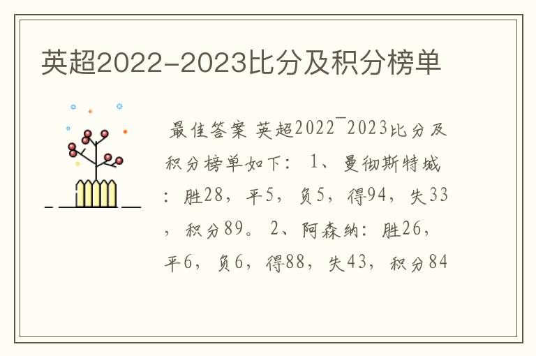 英超2022-2023比分及积分榜单