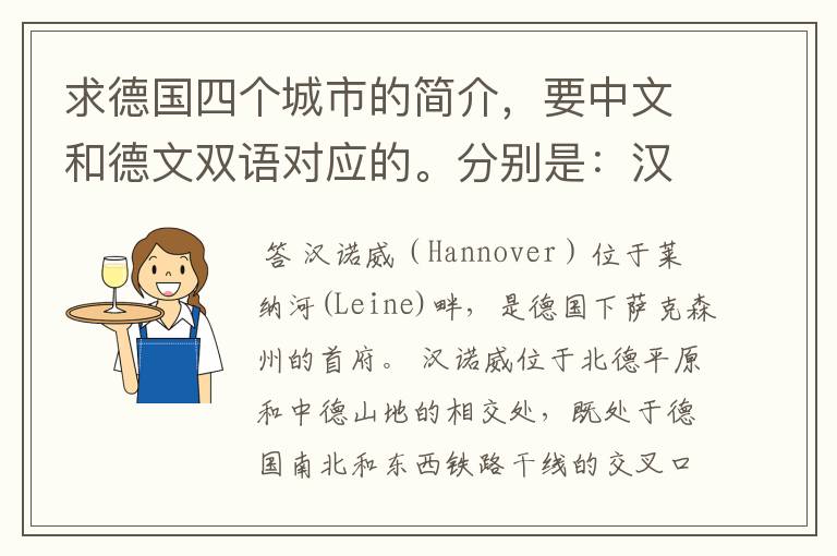 求德国四个城市的简介，要中文和德文双语对应的。分别是：汉诺威、纽伦堡、沃芬比特。哪怕一个也可以先发