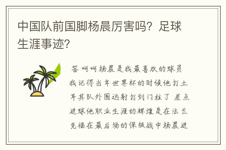 中国队前国脚杨晨厉害吗？足球生涯事迹？