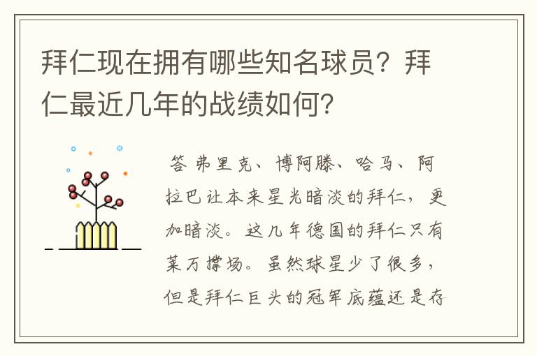 拜仁现在拥有哪些知名球员？拜仁最近几年的战绩如何？