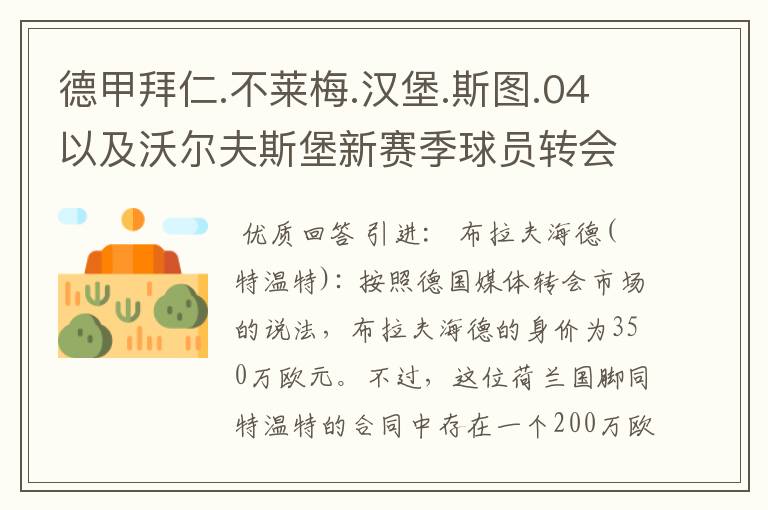 德甲拜仁.不莱梅.汉堡.斯图.04以及沃尔夫斯堡新赛季球员转会一览