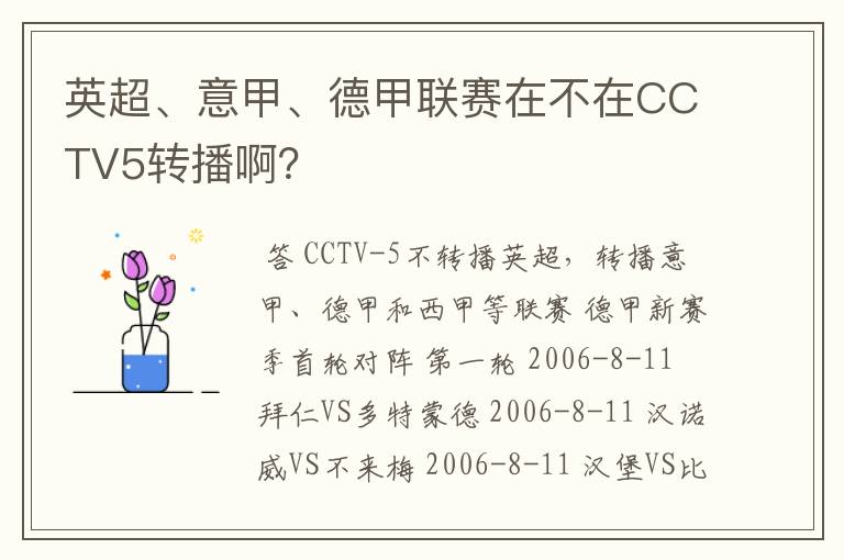 英超、意甲、德甲联赛在不在CCTV5转播啊？