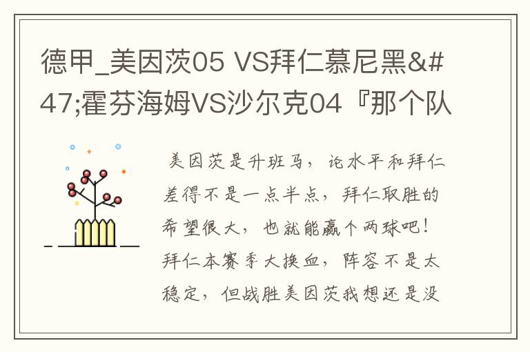 德甲_美因茨05 VS拜仁慕尼黑/霍芬海姆VS沙尔克04『那个队会赢啊？估计能赢几球啊』分开讲啊！