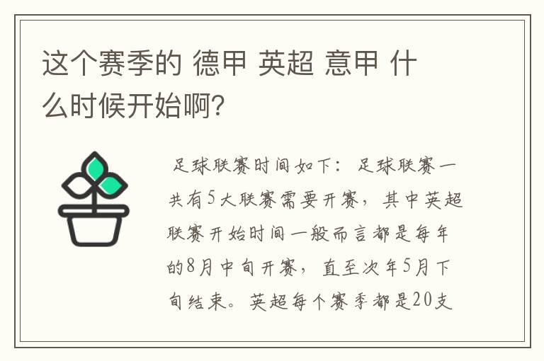 这个赛季的 德甲 英超 意甲 什么时候开始啊？