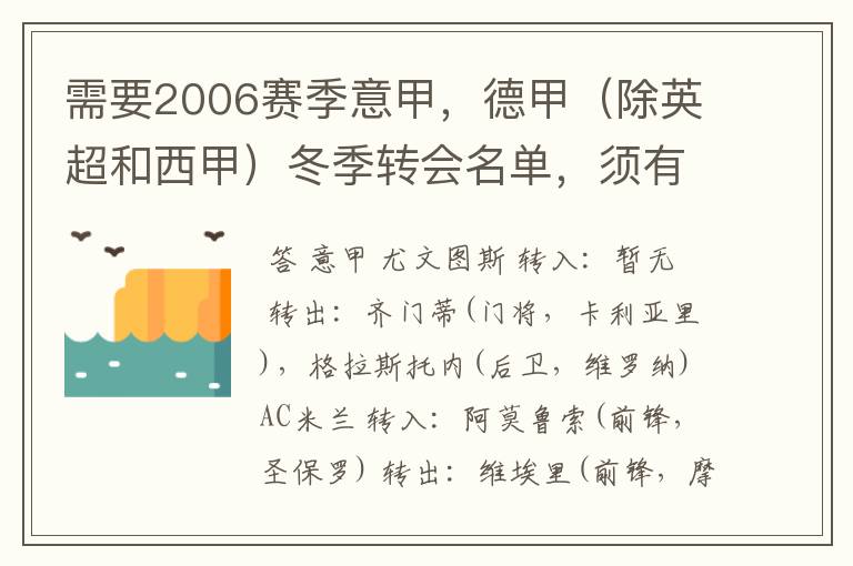 需要2006赛季意甲，德甲（除英超和西甲）冬季转会名单，须有转会方式