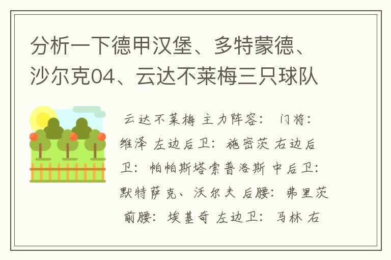 分析一下德甲汉堡、多特蒙德、沙尔克04、云达不莱梅三只球队的人员打法和阵型