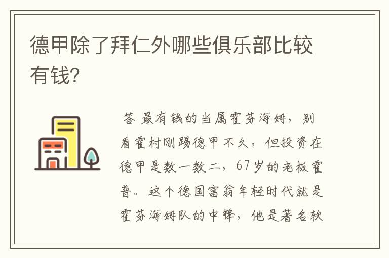 德甲除了拜仁外哪些俱乐部比较有钱？