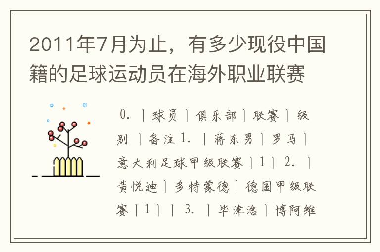 2011年7月为止，有多少现役中国籍的足球运动员在海外职业联赛含低级别联赛俱乐部效力