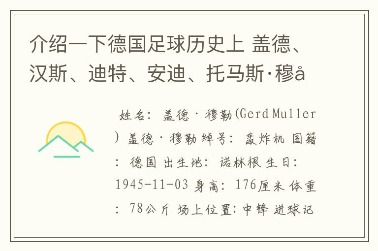 介绍一下德国足球历史上 盖德、汉斯、迪特、安迪、托马斯·穆勒的资料？