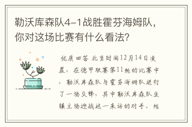 勒沃库森队4-1战胜霍芬海姆队，你对这场比赛有什么看法？