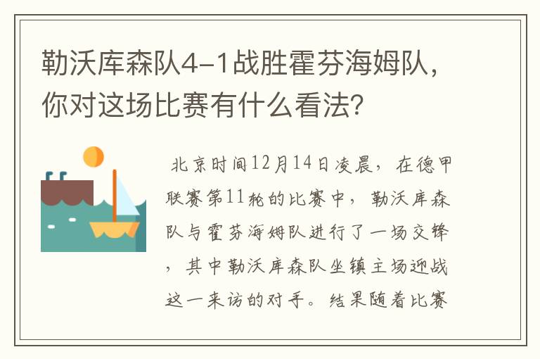 勒沃库森队4-1战胜霍芬海姆队，你对这场比赛有什么看法？