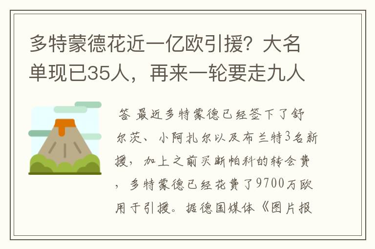 多特蒙德花近一亿欧引援？大名单现已35人，再来一轮要走九人