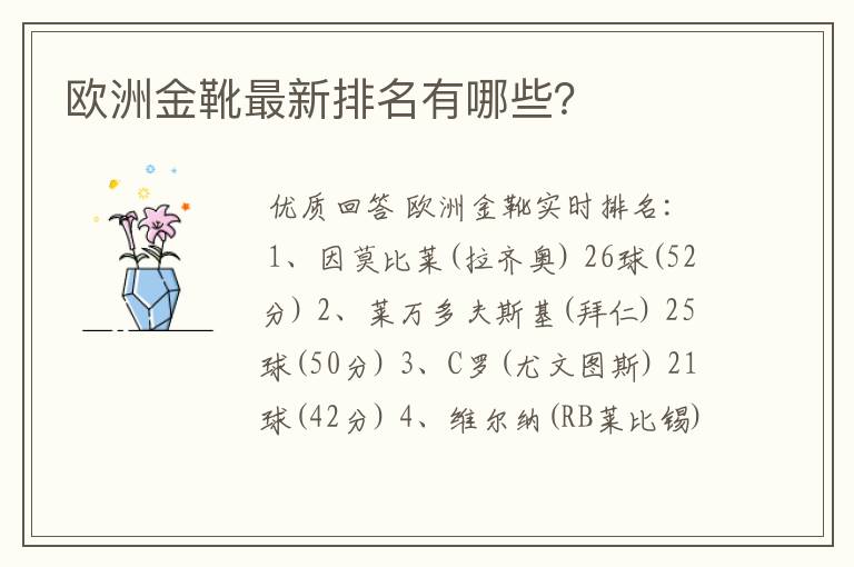 欧洲金靴最新排名有哪些？