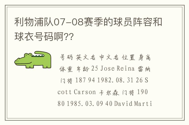 利物浦队07-08赛季的球员阵容和球衣号码啊??