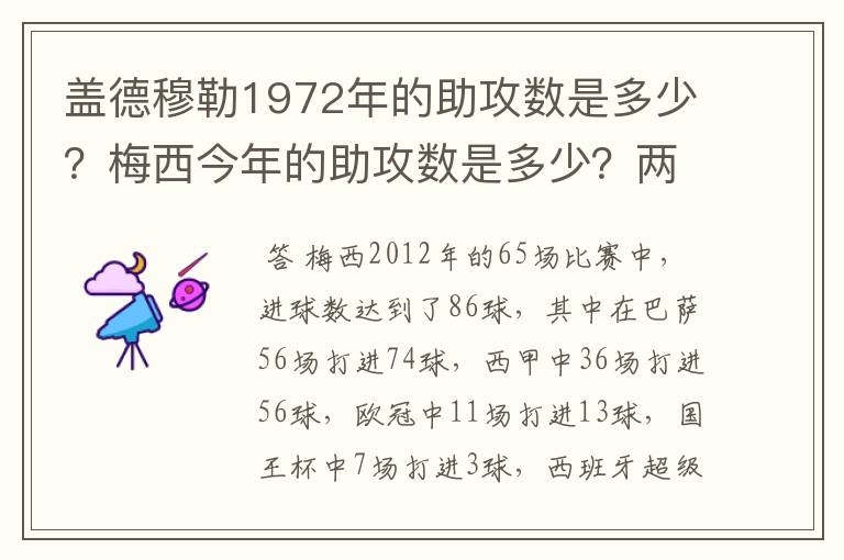 盖德穆勒1972年的助攻数是多少？梅西今年的助攻数是多少？两人分别当年踢了多少场比赛？