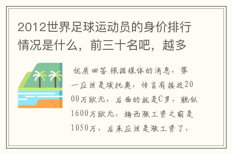 2012世界足球运动员的身价排行情况是什么，前三十名吧，越多越好哦~~