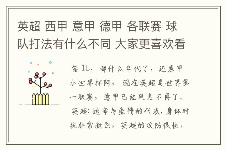 英超 西甲 意甲 德甲 各联赛 球队打法有什么不同 大家更喜欢看哪个联赛