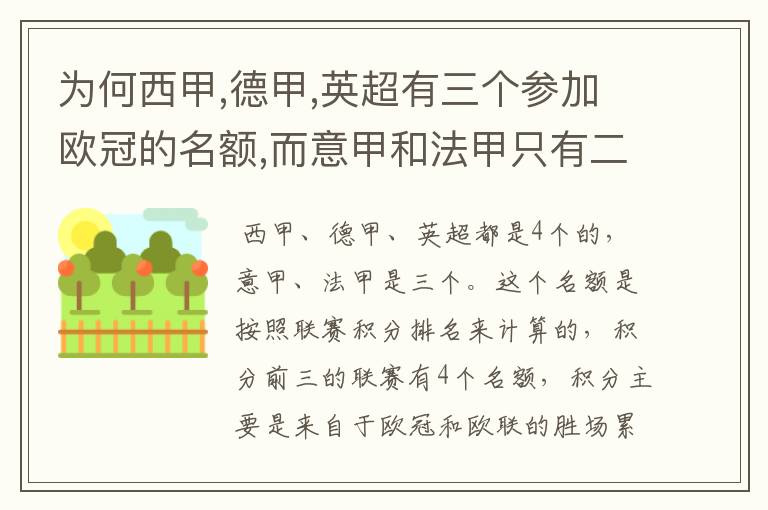 为何西甲,德甲,英超有三个参加欧冠的名额,而意甲和法甲只有二个?