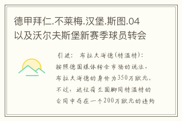 德甲拜仁.不莱梅.汉堡.斯图.04以及沃尔夫斯堡新赛季球员转会一览