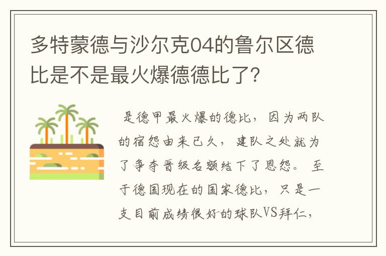 多特蒙德与沙尔克04的鲁尔区德比是不是最火爆德德比了？