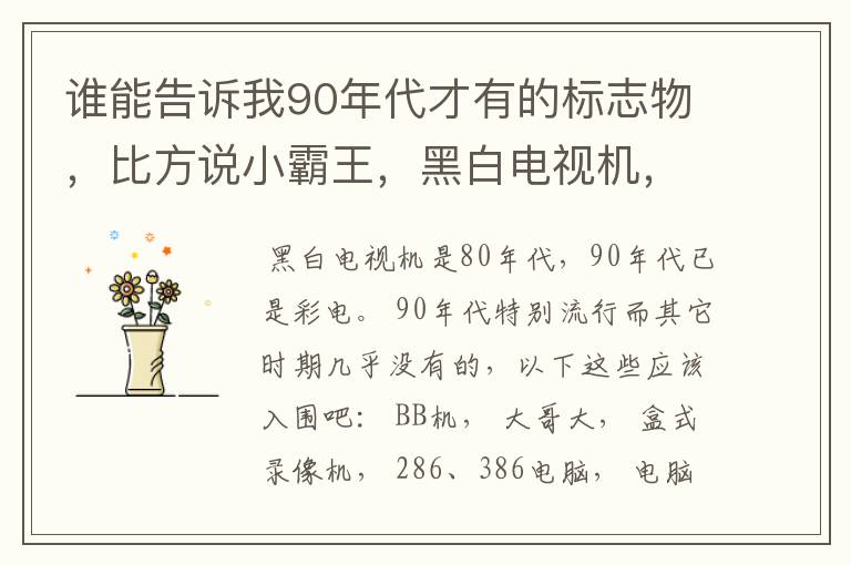 谁能告诉我90年代才有的标志物，比方说小霸王，黑白电视机，然后还有什么