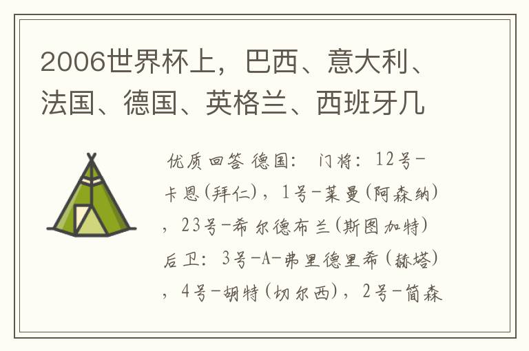 2006世界杯上，巴西、意大利、法国、德国、英格兰、西班牙几支队的首发11人球员中英文名单。