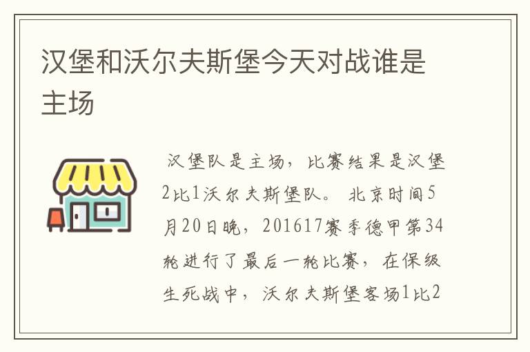 汉堡和沃尔夫斯堡今天对战谁是主场