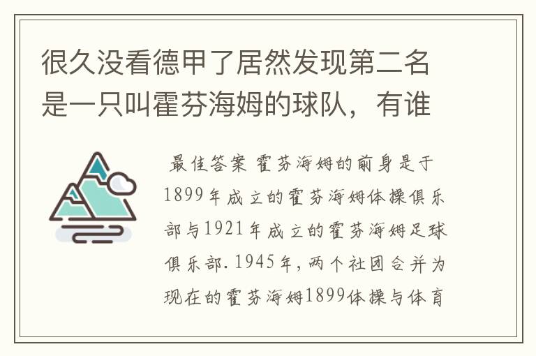 很久没看德甲了居然发现第二名是一只叫霍芬海姆的球队，有谁知道吗