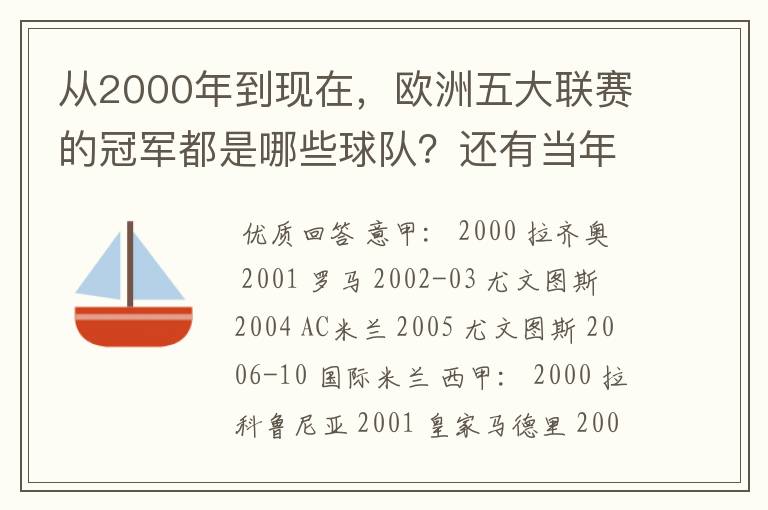 从2000年到现在，欧洲五大联赛的冠军都是哪些球队？还有当年的欧冠冠军。